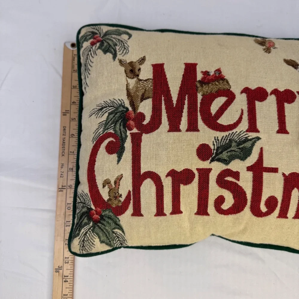 Riverdale Merry Christmas Tapestry Throw Pillow Santa Deer Woven Green Back USA